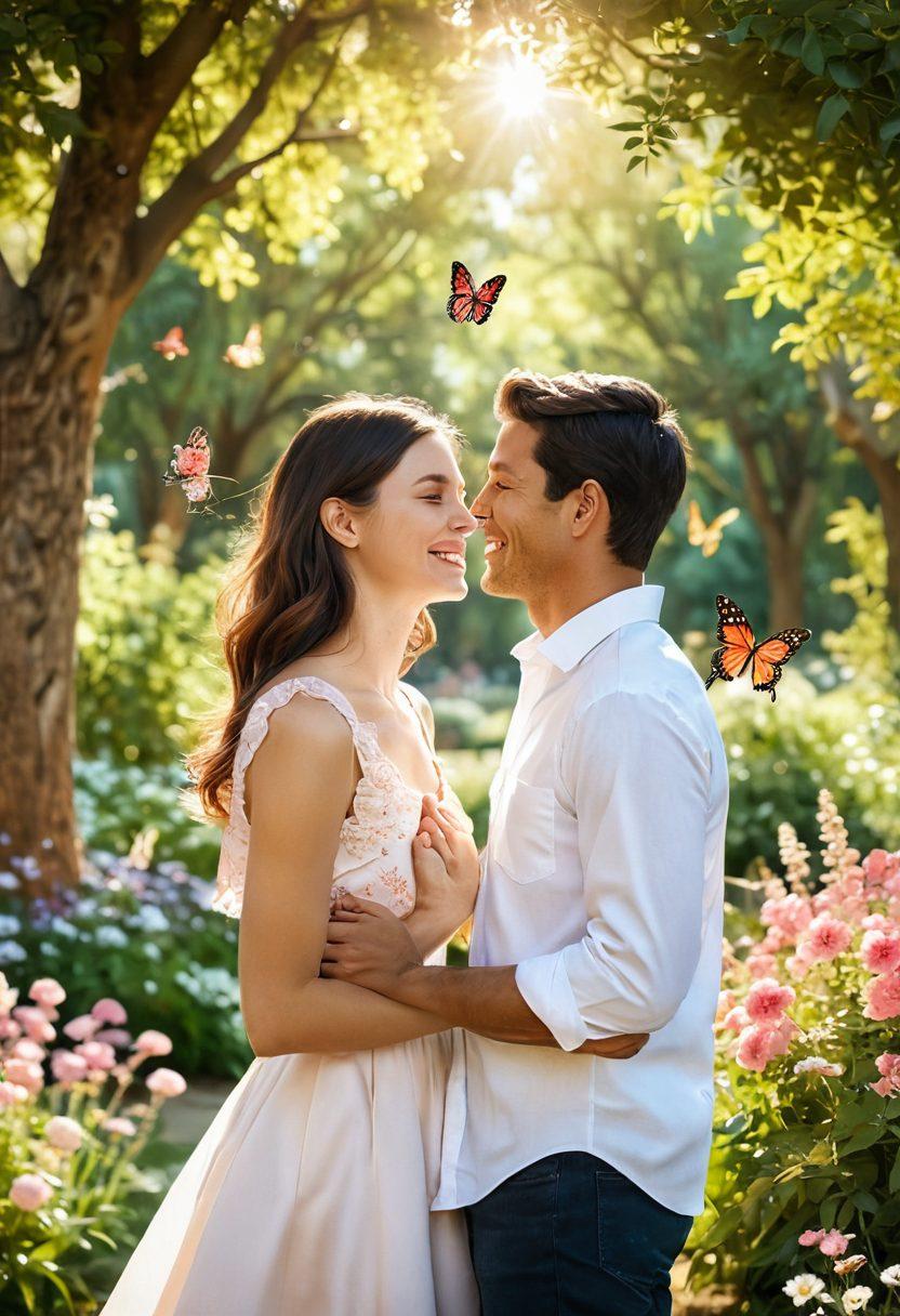 A heartwarming scene depicting a couple sharing a joyful moment in a sunlit park, surrounded by blooming flowers and gentle butterflies. The couple is laughing together, holding hands, with soft, dreamy colors representing love and connection in the background. A subtle heart shape made of natural elements like leaves and petals emerges in the lower corner for a touch of romance. super-realistic. vibrant colors. soft focus.