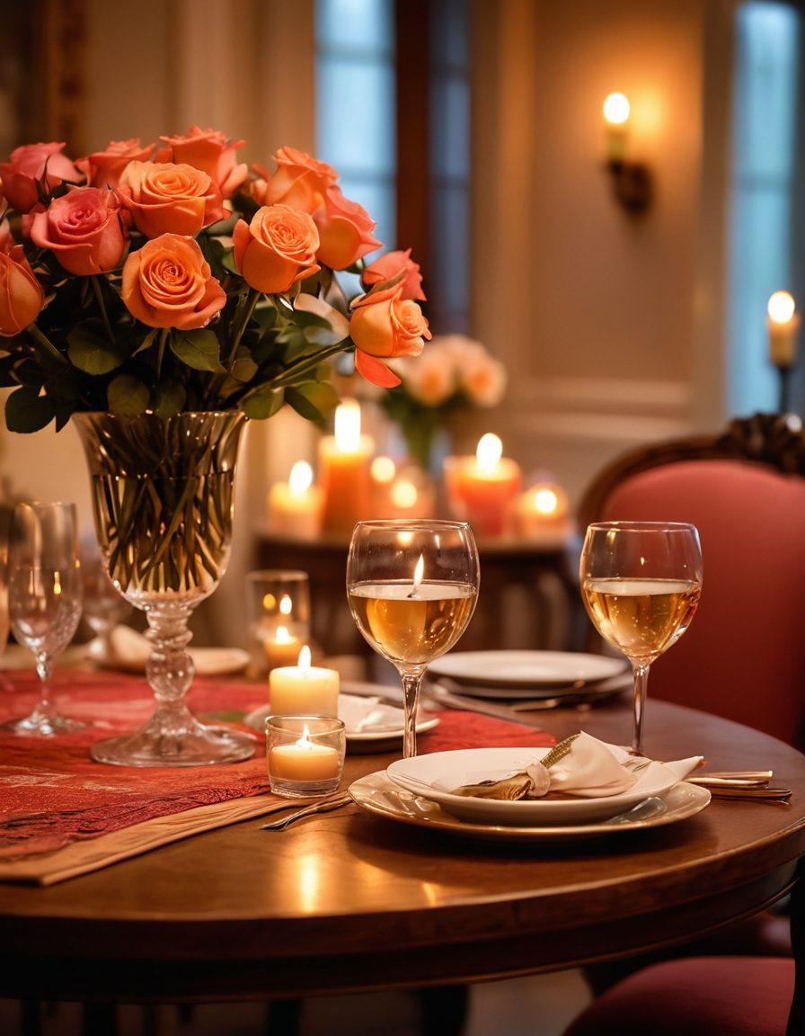 A cozy candle-lit dinner setting in a beautifully decorated room, featuring two elegantly set tables, soft roses, and a warm glow from flickering candles. In the background, a soft focus on a couple laughing and sharing a toast, symbolizing romance and connection. The ambiance should exude warmth and intimacy, capturing the essence of a passionate romantic journey. vibrant colors. soft focus. romantic atmosphere.