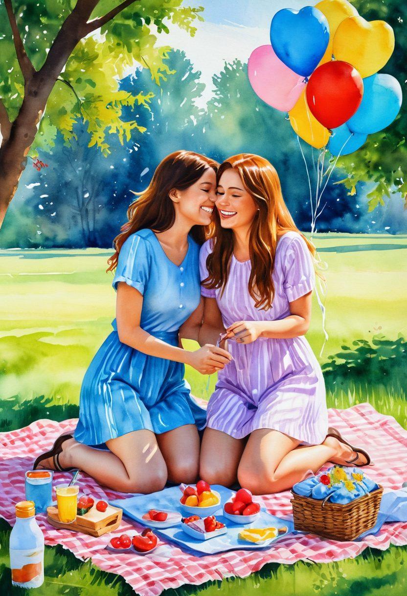 A cozy scene depicting two affectionate sweethearts engaged in a fun activity, perhaps painting together on a large canvas in a sunlit park. Surrounding them are colorful picnic items and heart-shaped balloons, symbolizing their connection. The background features vibrant blooming flowers and soft greenery, creating a romantic atmosphere. The couple, diverse in appearance, is laughing and sharing joyful moments. watercolor painting. vibrant colors. whimsical style.